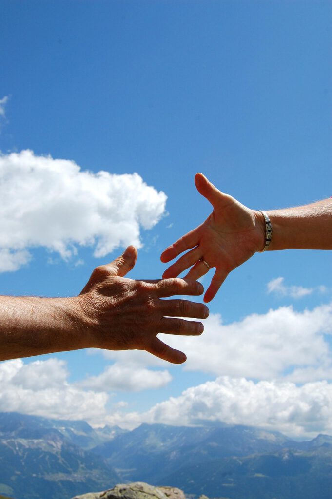 solidarity, blue sky, sky, hand shake, man woman, nature, clouds, blue, optimism